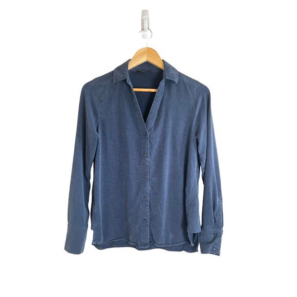 Maven West Women's Dark Blue Tencel Blend Soft Casual Button Down Blouse XS - Picture 1 of 9